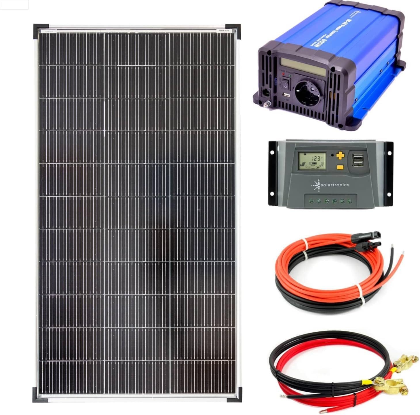 solartronics Solarmodul 120W Solarpanel, 600W Wechselrichter, 10A Laderegler, Anschlusskabel, Monokristalin, (Set, 120Watt Solar-Seet)