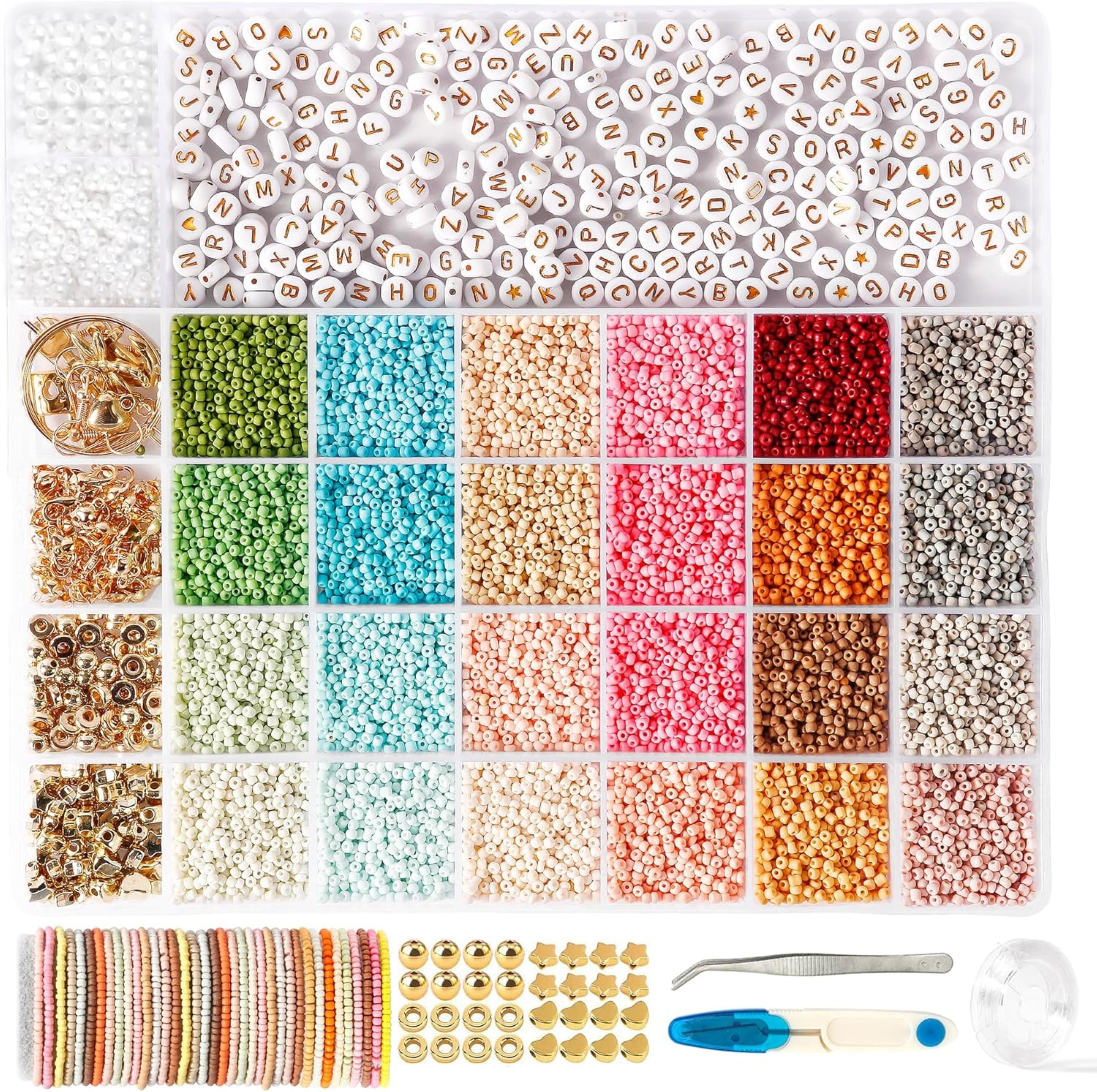 SUOOMAC Perlenarmband Set DIY Schmuckset mit Glasperlen, 2mm (Perlen- & Schmuckbastelset, 20000-tlg., DIY-Set mit 20.000 Glasperlen, Zubehör & Aufbewahrungsbox), 20.000 Glasperlen-Set mit Charms & Buchstabenperlen