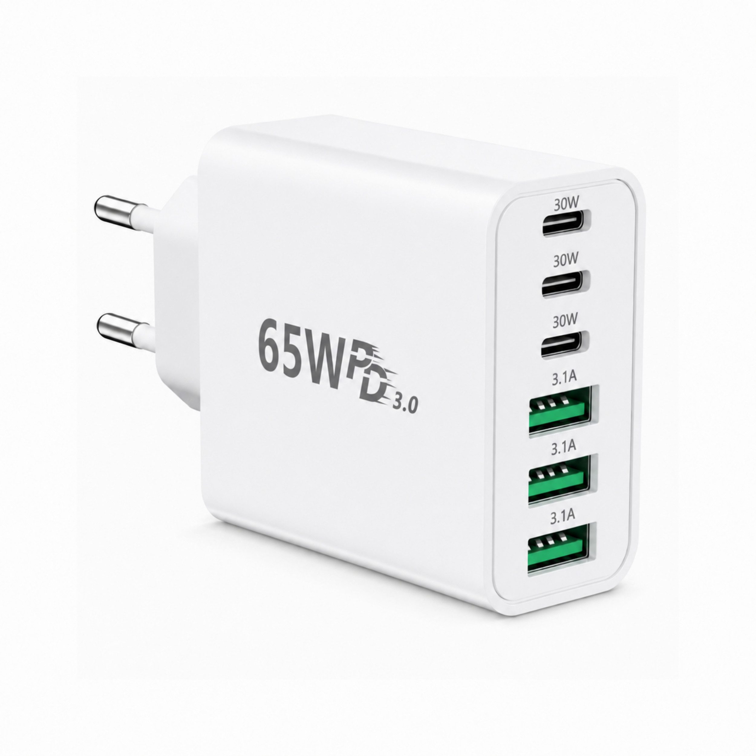PlugUp 65W Ladegerät 6-Port 30W Schnellladeadapter Fast-Charging USB-Ladegerät (3100 mA, Universelles Schnellladegerät für Smartphone, Tablet & USB-C-Geräte)