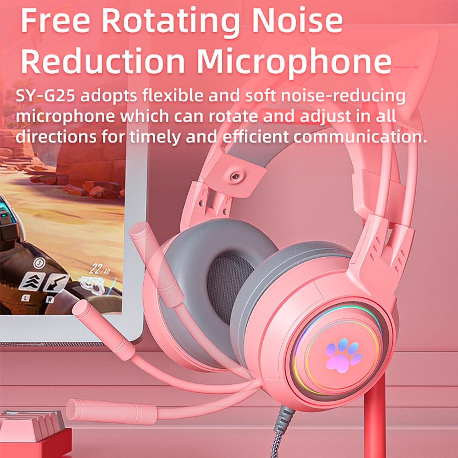 MOPUEA Gaming Headset mit Katzenohren & Mikrofon RGB Licht 3D Surround Sound Gaming-Headset (360° Mikrofon RGB Licht und weicher Komfort Kopfbügel) – Bild 5 von 5