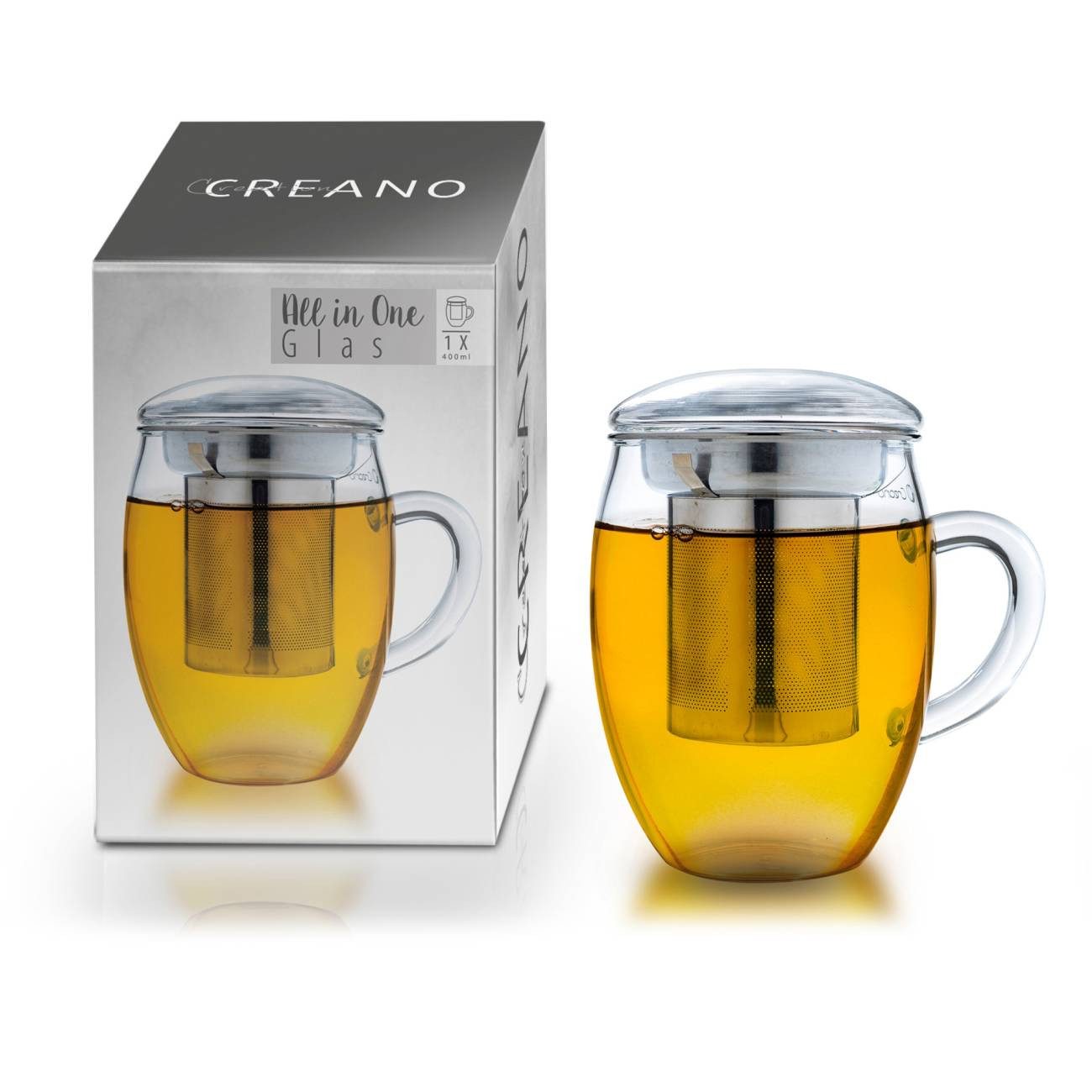 Creano Teeglas Teeglas “All in One” mit Edelstahlsieb und Glasdeckel, 400ml, 3-tlg., Borosilikatglas, 3-teilig