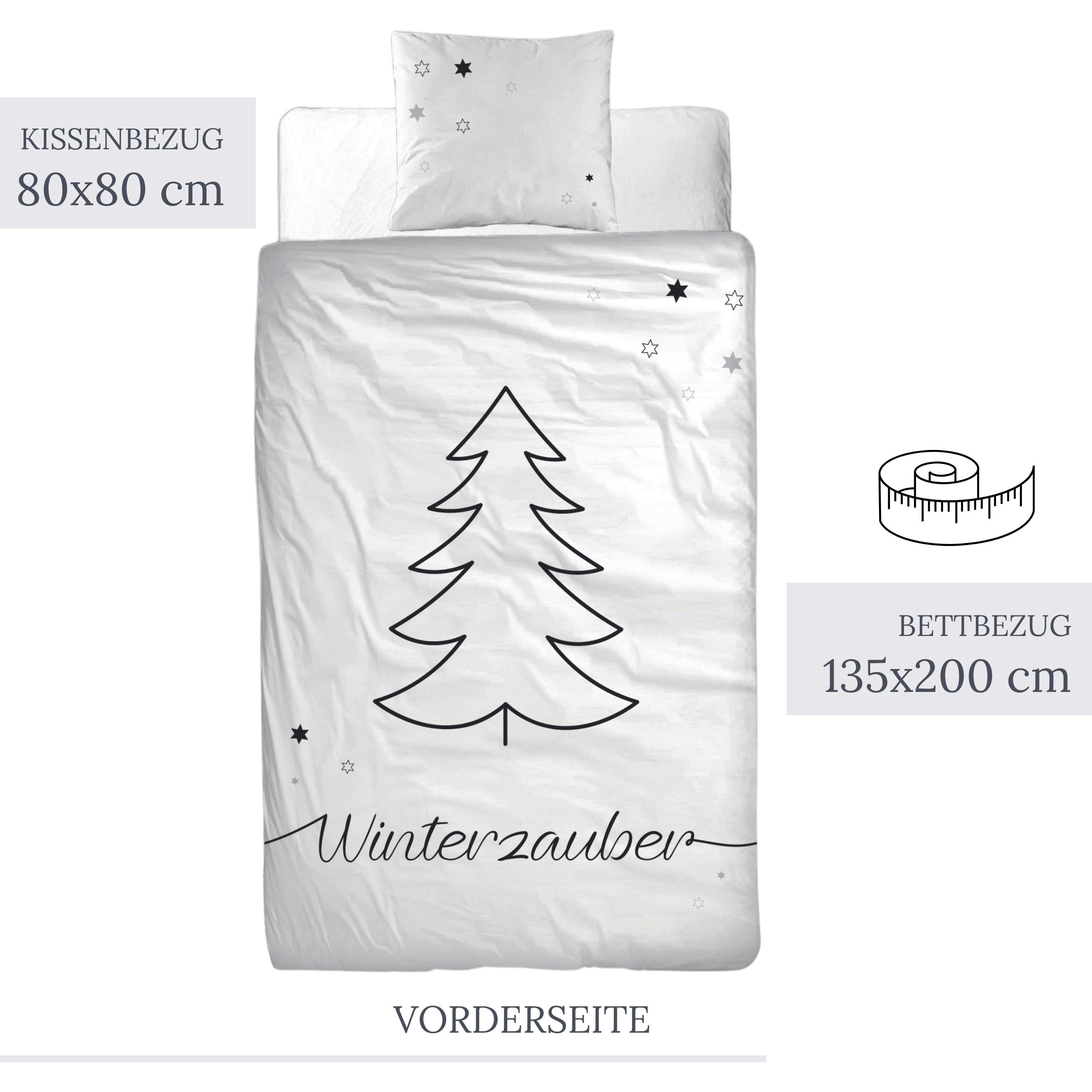 Bettwäsche Weihnachten Winterzauber, Tannenbaum Sterne, Biber, in Flanell, + und 100% teilig, 2 MTOnlinehandel, cm Biber, 135x200 Baumwolle 80x80