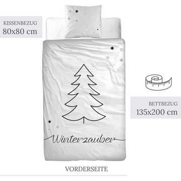 Bettwäsche Weihnachten Winterzauber, Tannenbaum und Sterne, Flanell, MTOnlinehandel, Biber, 2 teilig, 100% Baumwolle in Biber, 80x80 + 135x200 cm