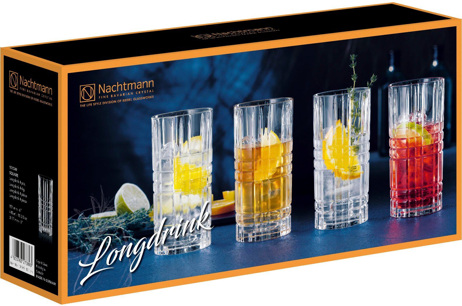 Nachtmann Longdrinkglas Square, 4-tlg., Kristallglas, Made in Germany, 445 ml, 4-teilig