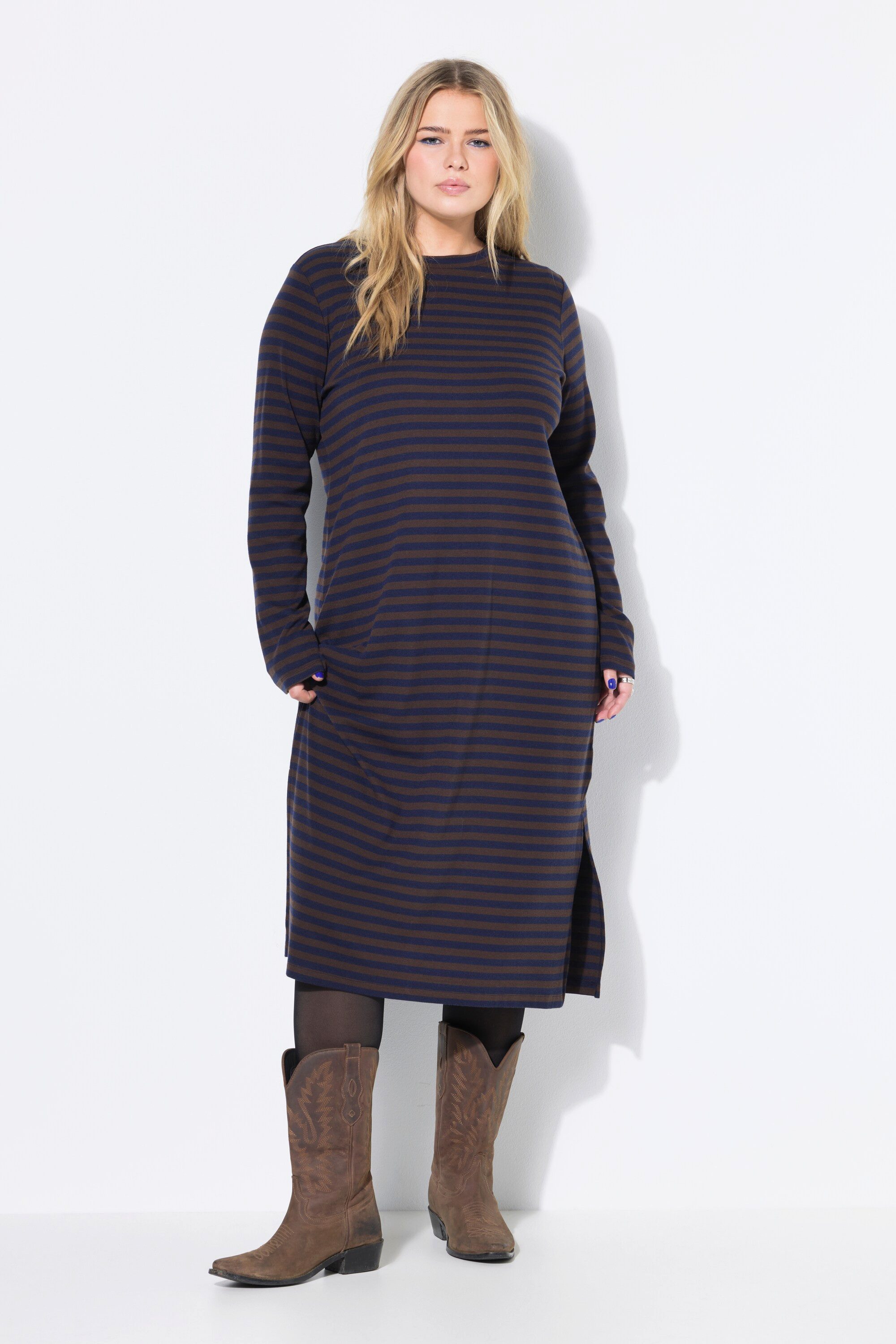 Jerseykleid Maxikleid A-Line Rippjersey mit Ringeln Langarm