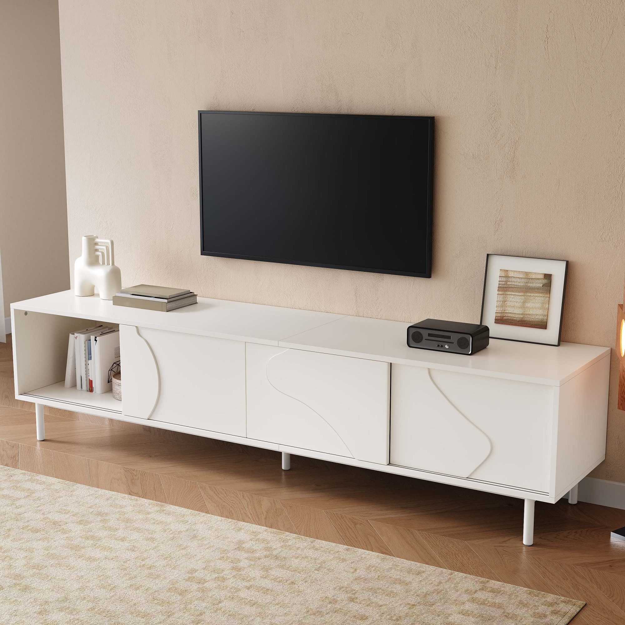 BlingBin TV-Schrank Lowboard Fernsehschrank mit LED Beleuchtung Schiebetüren und Glasboden (1 Packung, 1-St., 3 Schiebetüren, herausnehmbarem Ablage,Kabeldurchlass und Metallfüßen) Fernsehtisch Wohnzimmer Staurschrank Modern für Schlafzimmer Esszimmer