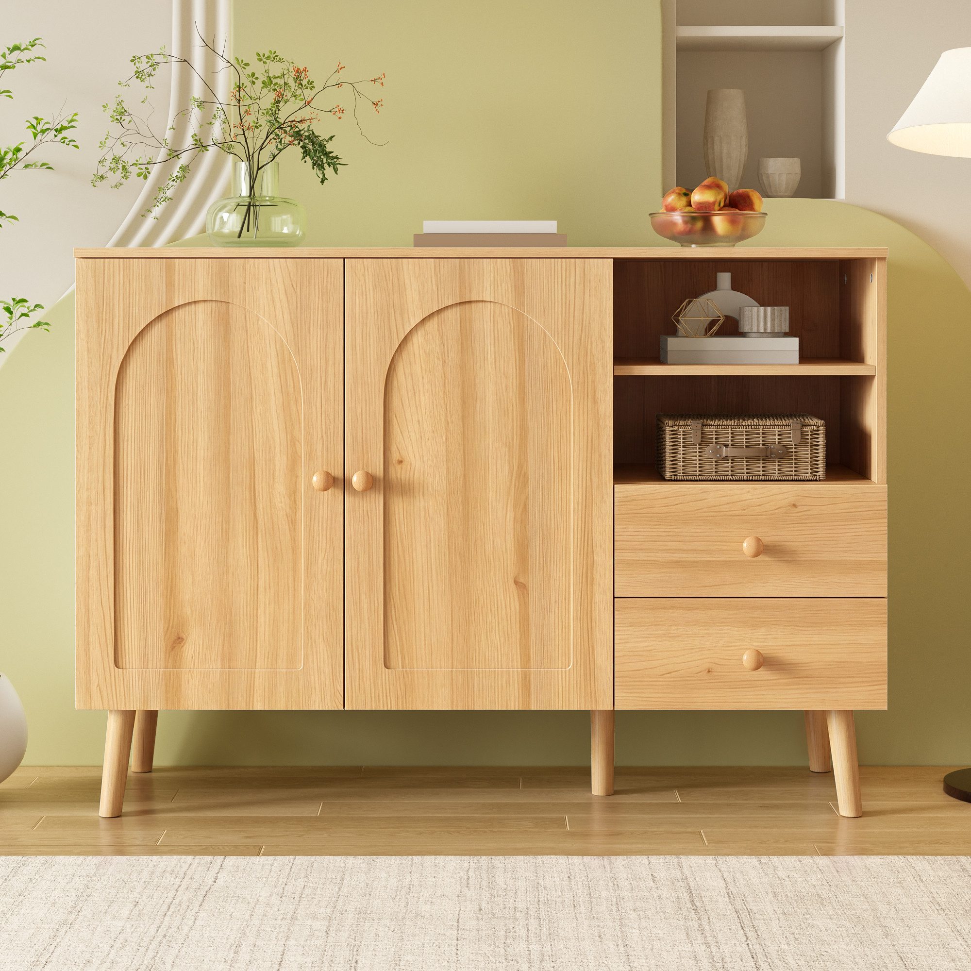 IDEASY Sideboard Sideboard 2 Türen 2 Schubladen offenes Fach Holzgriffe Wohnzimmer Flur