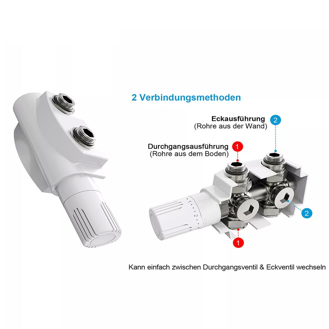 MEYKOERS Heizkörperthermostat Multiblock Heizkörper Anschluss Ventil Set Thermostatkopf Weiß