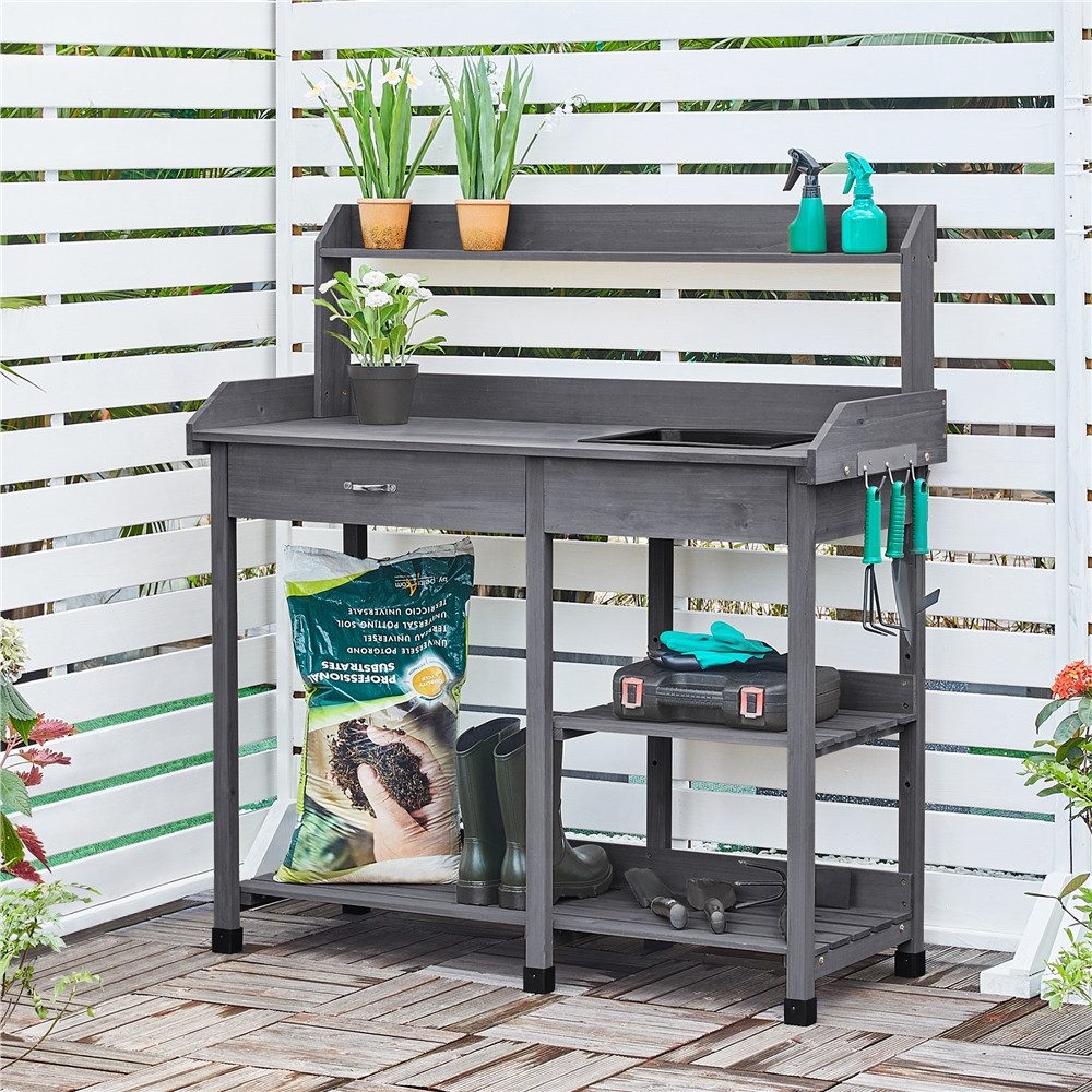 Yaheetech Pflanztisch mit Waschbecken & Verstellbaren Ablagefläche & Schublade, Gärtnertisch für den Garten/Terrasse/Balkon