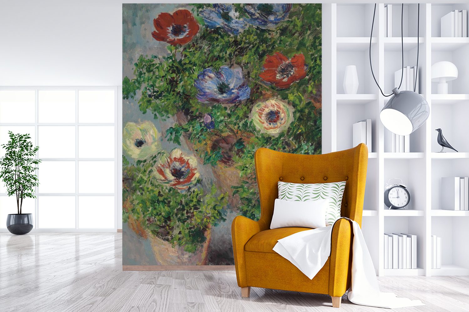 MuchoWow Fototapete Anemonen in einem Claude Tapete Monet, (4 Montagefertig Wohnzimmer, Gemälde von für - bedruckt, St), Wandtapete Glas Matt, Vinyl