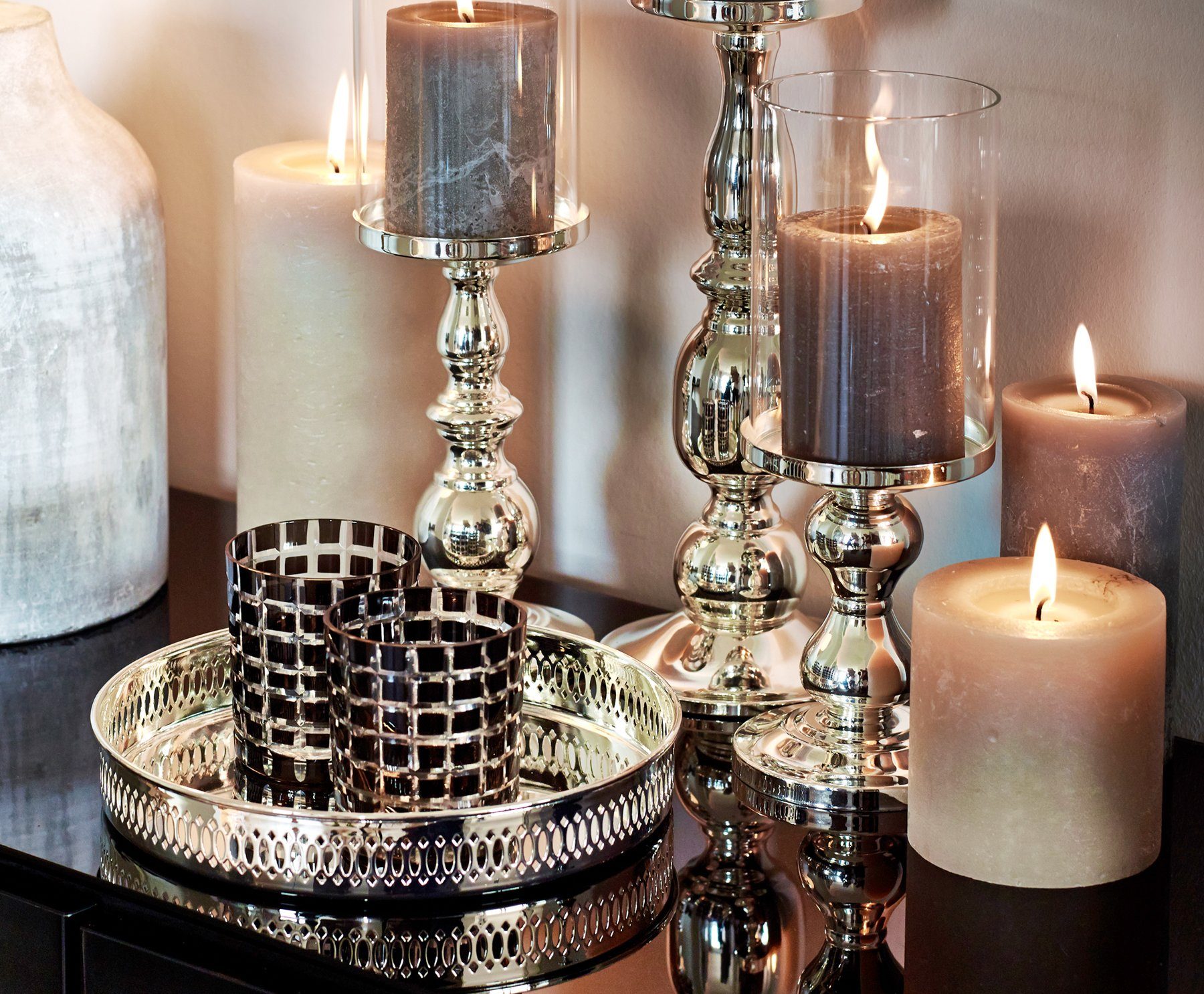 Mascha, Design, 27 und cm versilbert Höhe anlaufgeschützt, Stumpenkerzen, im Kerzenhalter Kerzenleuchter Kerzenständer für modernen EDZARD