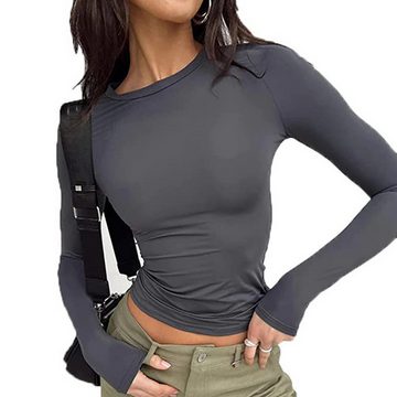 ZWY 2-in-1-Langarmshirt Damen Crop Tops Rundhals Slim Fit Top T-Shirt Lässige Streetwear