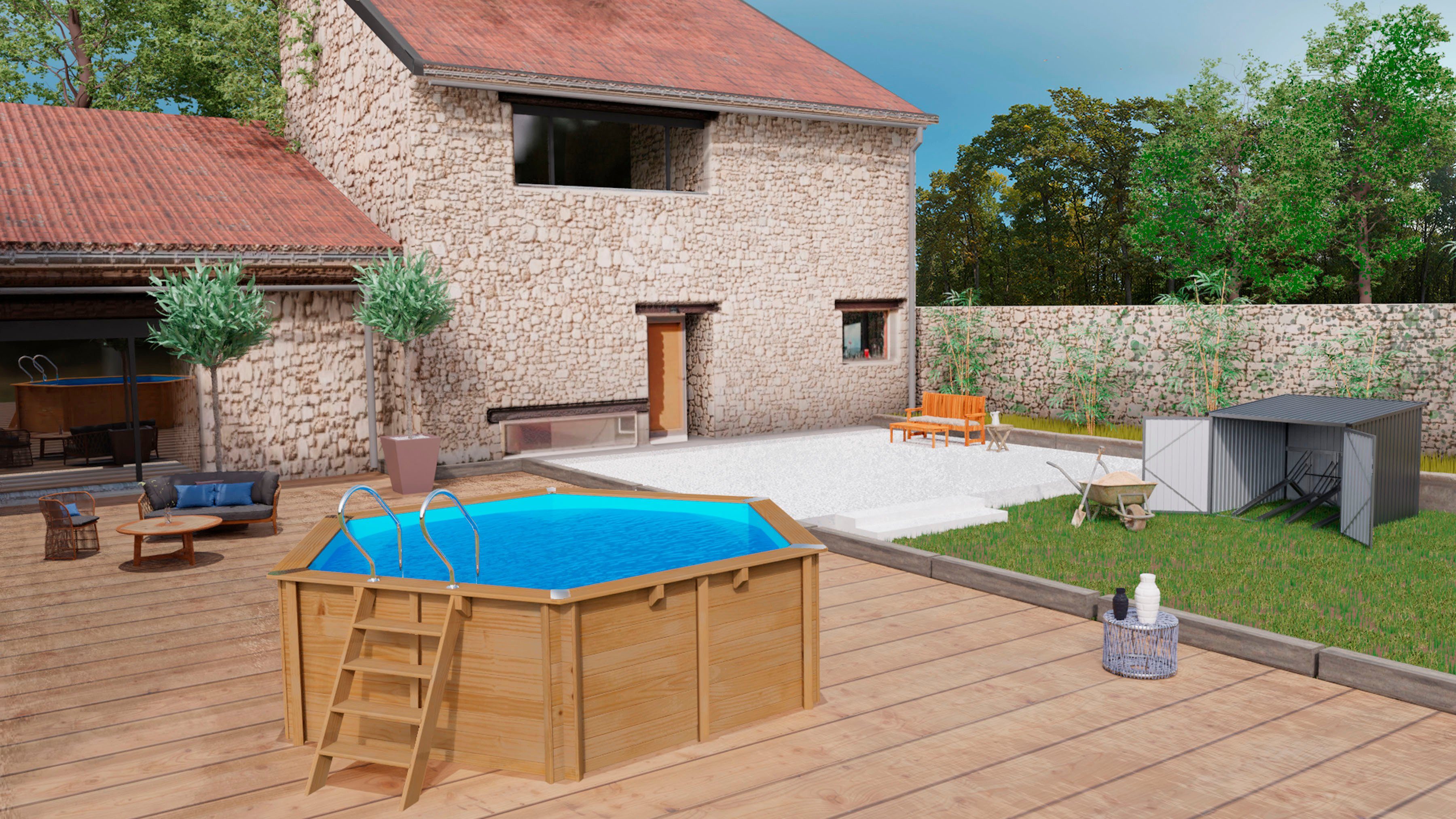 Gre Achteckpool VASTO mit Edelstahlleiter (Set, 8-tlg), Kiefernholz, ØxH: 428x136 cm