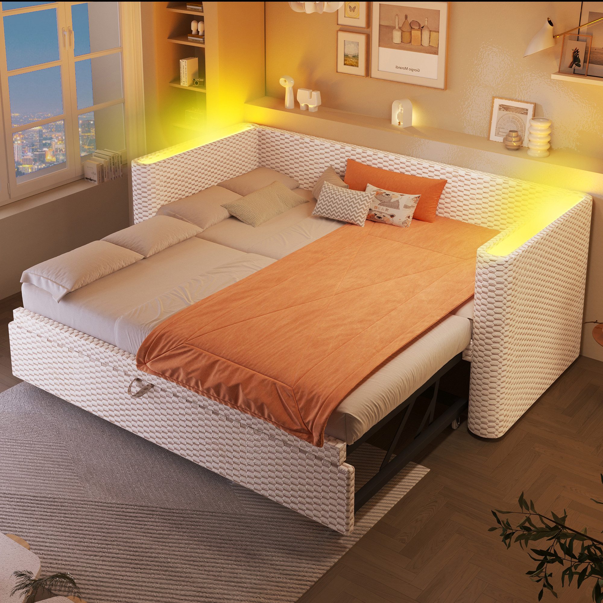 Merax Daybett 90×200cm/180x200cm mit LED-Lichtleiste & App-gesteuerter (Jugendbett Doppelbett Kinderbett, 1 tlg), Polsterbett Tagesbett Schlafsofa mit Ausziehbett und Lattenrost, Samt