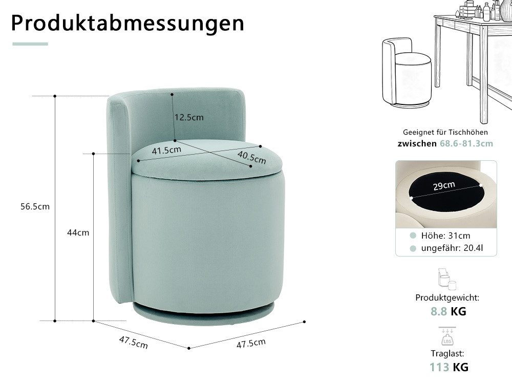 DEKKETO Stuhl Samt mit Stauraum & 360° Drehfuß, Ergonomischer Schminkhocker (1 St), Schminkstuhl mit Rückenlehne, Drehsessel – Bild 2 von 5