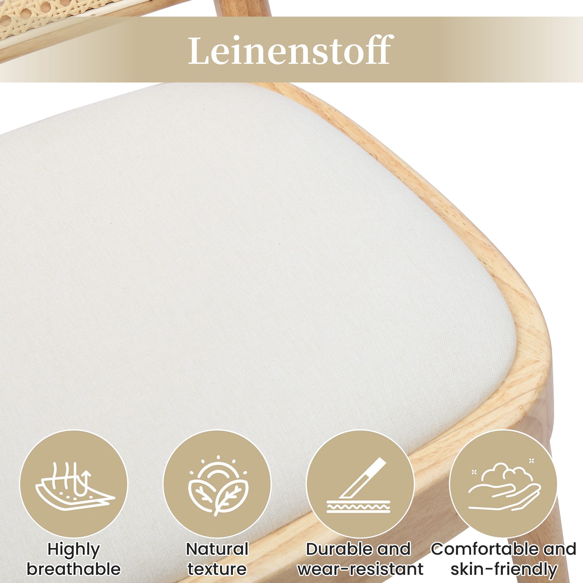 Flieks Esszimmerstuhl Gestell aus Massivholz, Rattan-Rückenlehnen & Leinen-Sitzfläche (Set, 4 St), 4er Set Polsterstühle Rattanstuhl Wohnzimmerstuhl Beige&Natur – Bild 5 von 5