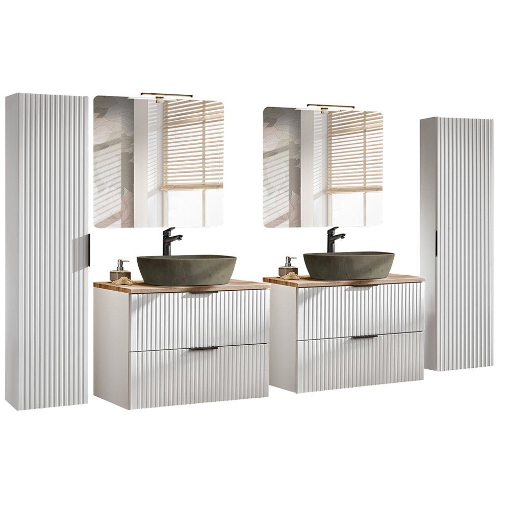Lomadox Badmöbel-Set ADELAIDE-56-WHITE, (Spar-Set, 6-St), matt weiß LED-Spiegel & Waschtische mit Keramikbecken Hochschränke