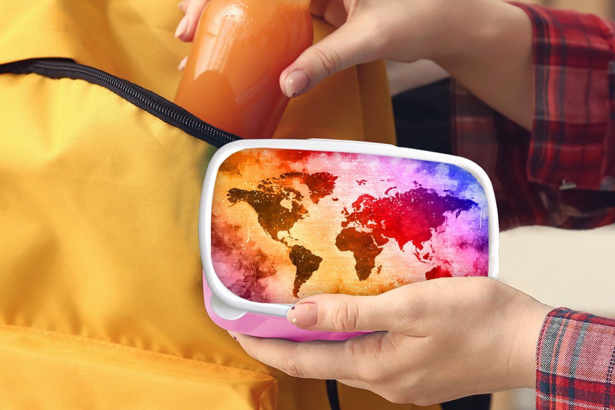 MuchoWow Lunchbox Weltkarte - Brotbox Mädchen, Kinder, (2-tlg), Kunststoff Farbe Erwachsene, Farben, Brotdose Kunststoff, für rosa - Snackbox