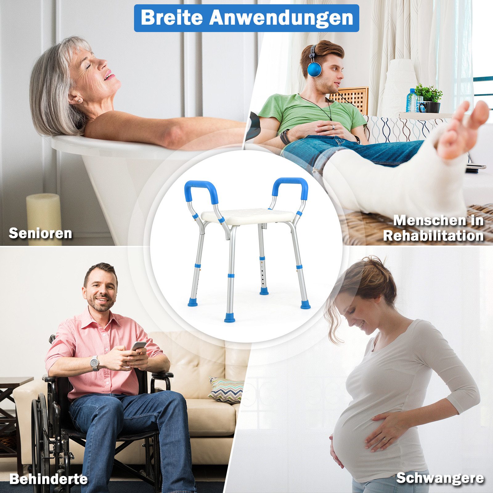 COSTWAY Duschhocker Badhocker, belastbar bis 100,00 kg, höhenverstellbar, mit Armlehnen