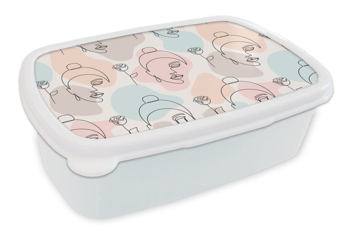 MuchoWow Lunchbox Frau - Blumen - Strichzeichnung - Pastell - Muster, Kunststoff, (2-tlg), Brotbox für Kinder und Erwachsene, Brotdose, für Jungs und Mädchen weiß