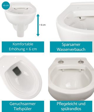 Calmwaters Tiefspül-WC, Wandhängend, Abgang Waagerecht, Wand WC, spülrandlos, 6 cm erhöht, WC-Sitz mit Absenkautomatik