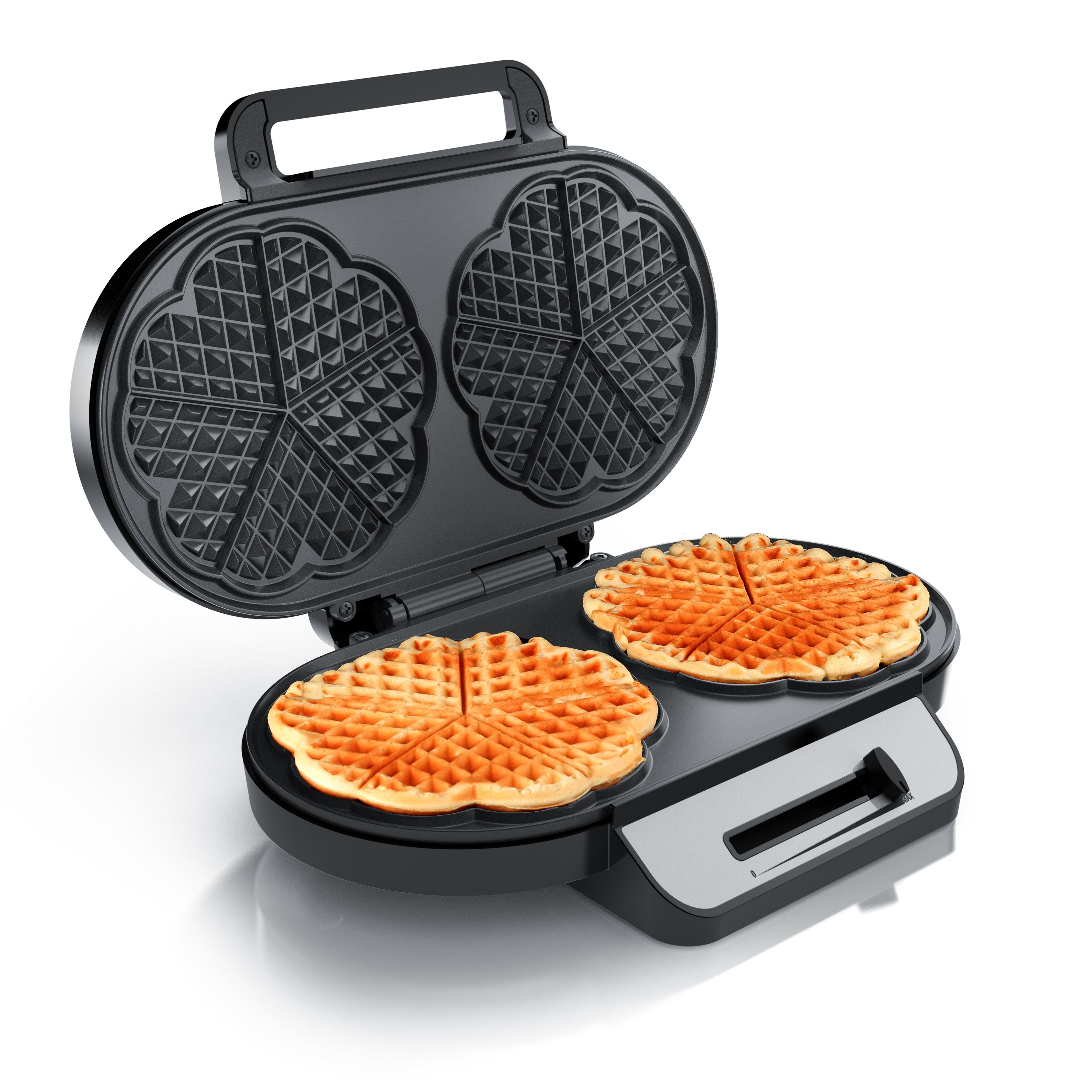 Arendo Waffeleisen, 1200 W, Waffelautomat – 2 Waffeln à 14 cm- Antihaftbeschichtung – Herzwaffeln