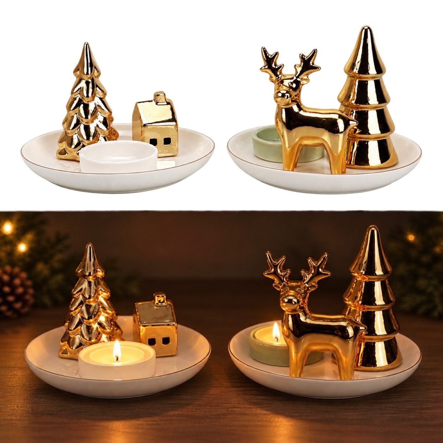 Online-Fuchs Teelichthalter 2 Kerzenständer aus Keramik mit Hirsch und Tannenbaum - Weihnachtsdeko (2er Set, für Teelichter geeignet), mit elegant glänzenden Keramikfiguren in Gold-Optik
