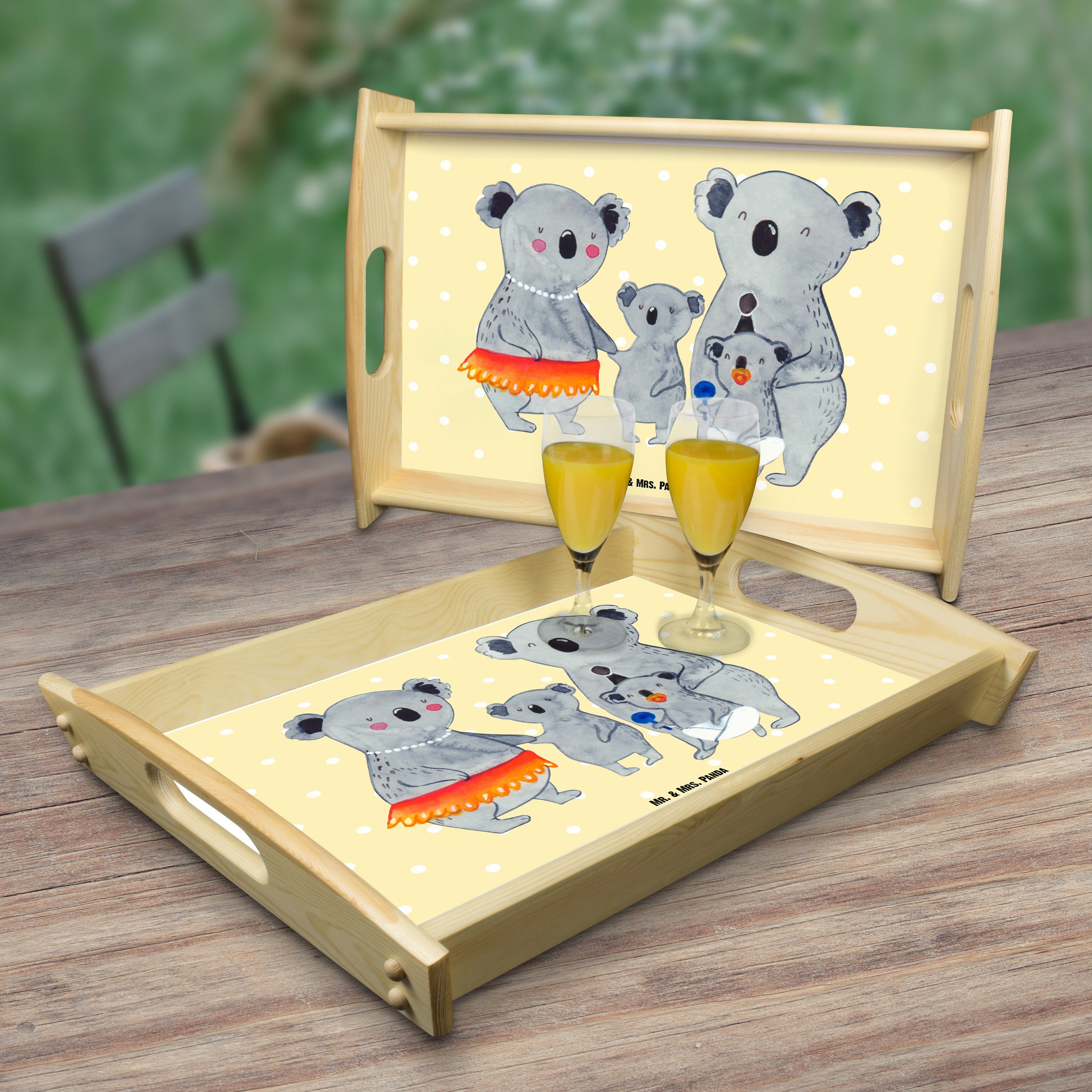 Tablett Mrs. Koala Geschenk, Holztablett, Pastell (1-tlg) Gelb Panda Koalas, Echtholz - lasiert, & Familie Mr. Bruder, -
