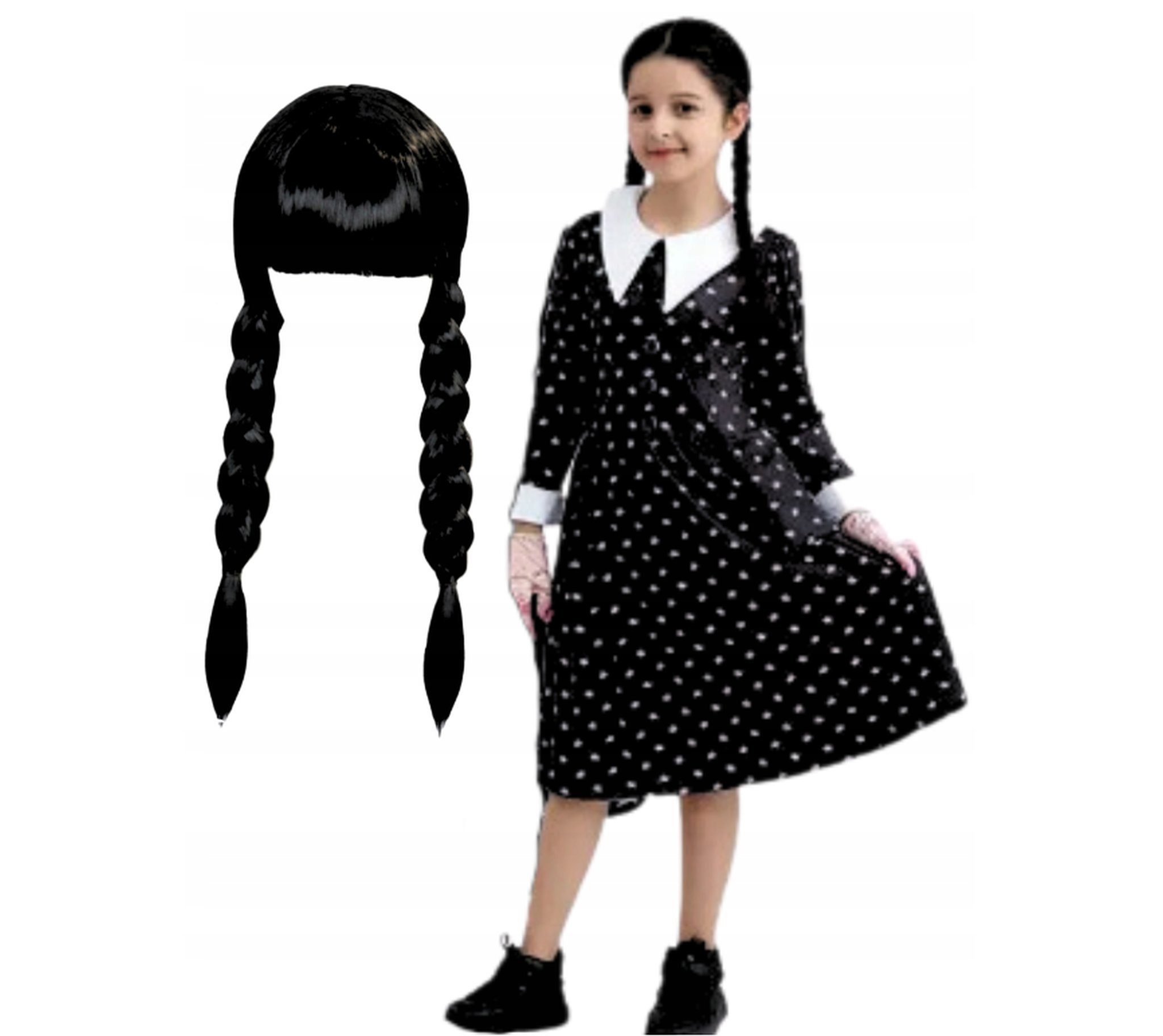 Festivalartikel Kostüm Wednesday Addams Kostüm Verkleidung Girl Schwarz Black Kleid + Perücke