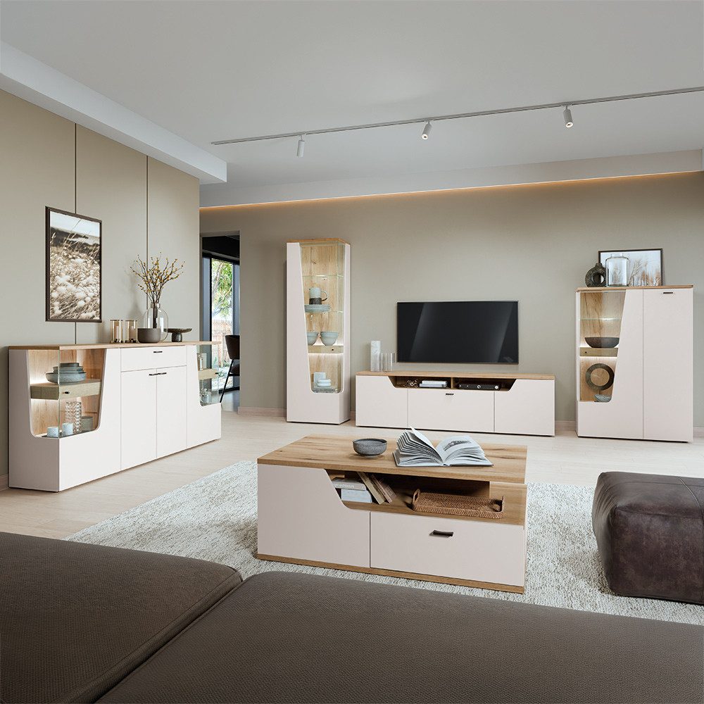 Lomadox Wohnzimmer-Set CARMONA-129, (Mega-Spar-Set, 5-St., Couchtisch Highboard Lowboard Sideboard Vitrine), in Kaschmir und Eiche, inkl. LED-Beleuchtung