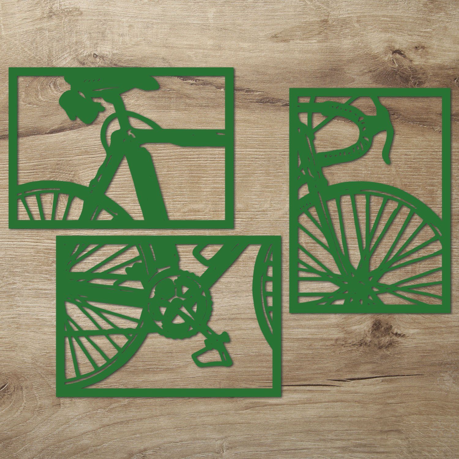 Namofactur Wanddekoobjekt XXL Fahrrad Wandbild aus Holz (3-teilig), Außergewöhnliches Holz-Wandtattoo für Dein zuhause Grün