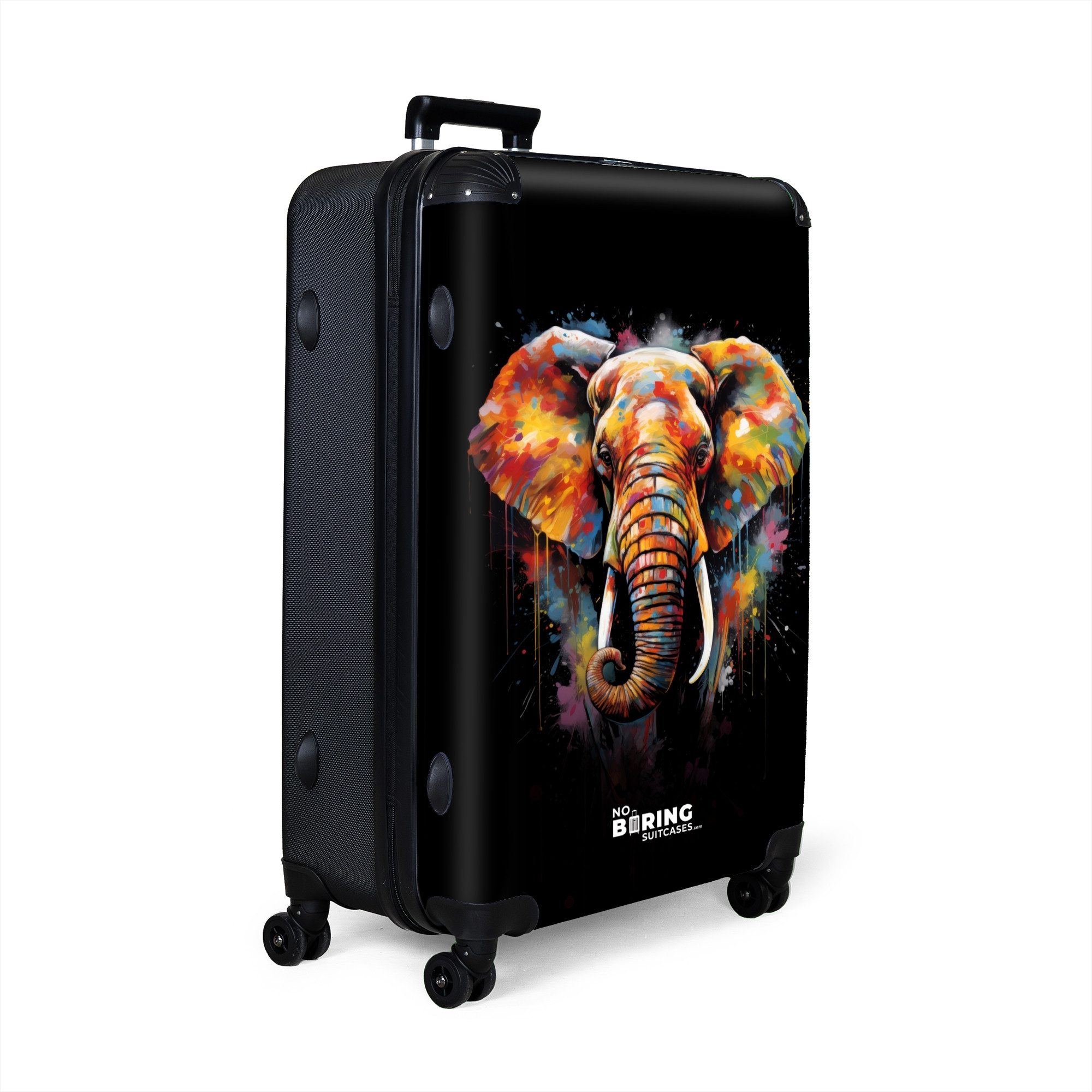 NoBoringSuitcases.com© Hartschalen-Trolley Elefant mit bunten Spritzern verziert 77 cm - 98 L, 8 Rollen, Großer Reisetasche mit Rollen für 30kg, Kinderkoffer