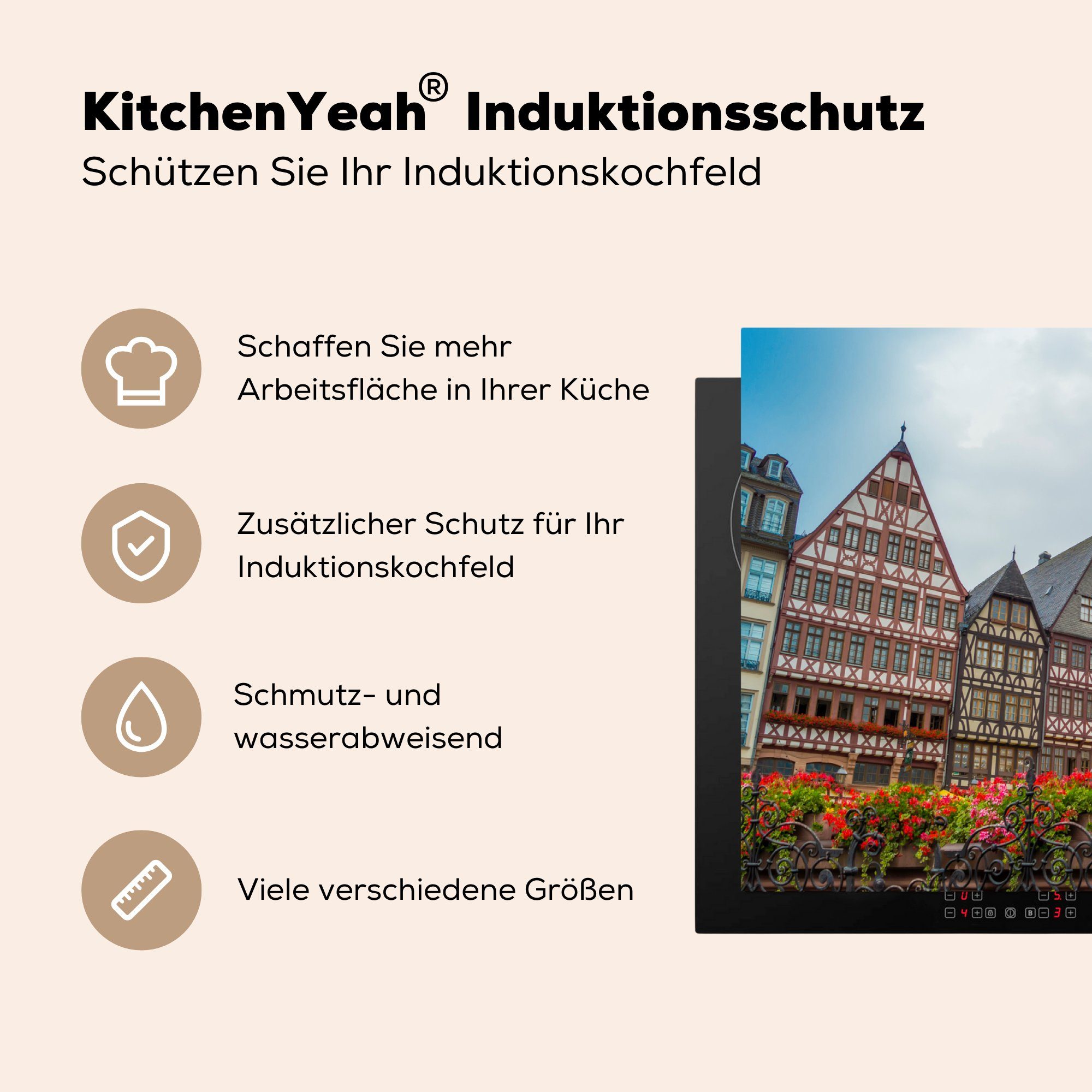 MuchoWow Frankfurt Arbeitsplatte Vinyl, küche Blumen 83x51 für Ceranfeldabdeckung, und am Häuser Bunte cm, Main, Herdblende-/Abdeckplatte tlg), (1 in