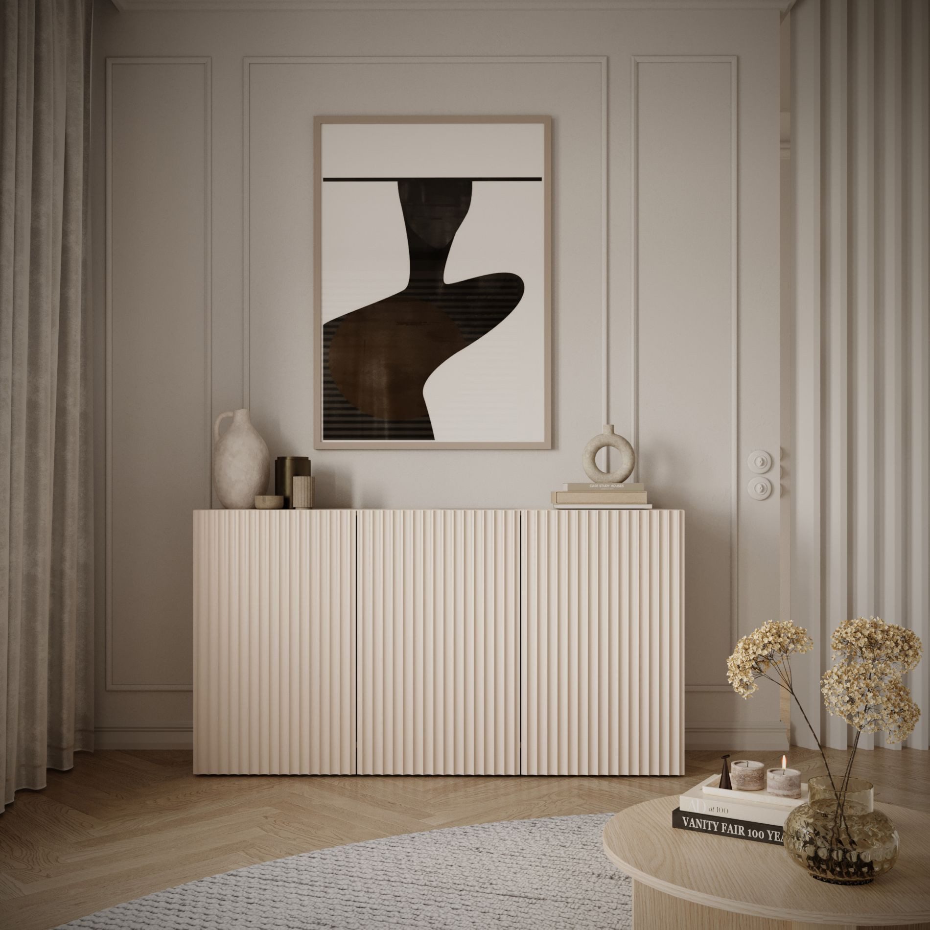 Selsey Sideboard SUNDS, Sideboard in Kaschmirbeige mit Lamellenfront & Push-to-Open