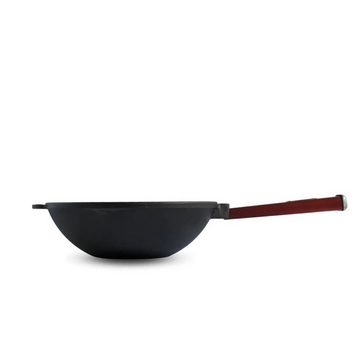 4BIG.fun Wok Wokpfanne 2,2 L Gusseisen Wok Schmortopf 24 cm, Gusseisen (Asia Wok - Grillpfanne), Holzgriff abschraubbar, Induktionsgeeignet