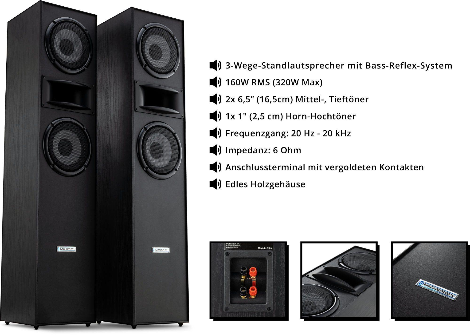 McGrey HTS-65320 BK 3-Wege HiFi Boxen Paar, schwarz Stand-Lautsprecher (320 W, Bassreflex-Konstruktion, Maserung in Holzoptik)