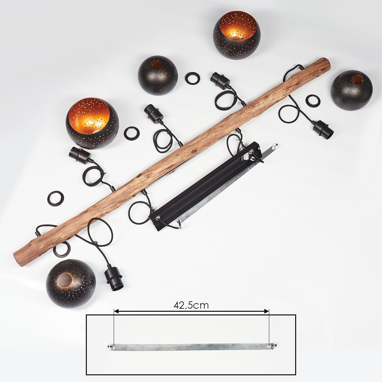 Pendelleuchte Vintage und schwarz Holz Look »Nave« Pendellampe hofstein 5xE27 Deckenlampe ohne in in 5-flammige Metall Leuchtmittel, mit kupferfarben, aus Natur,