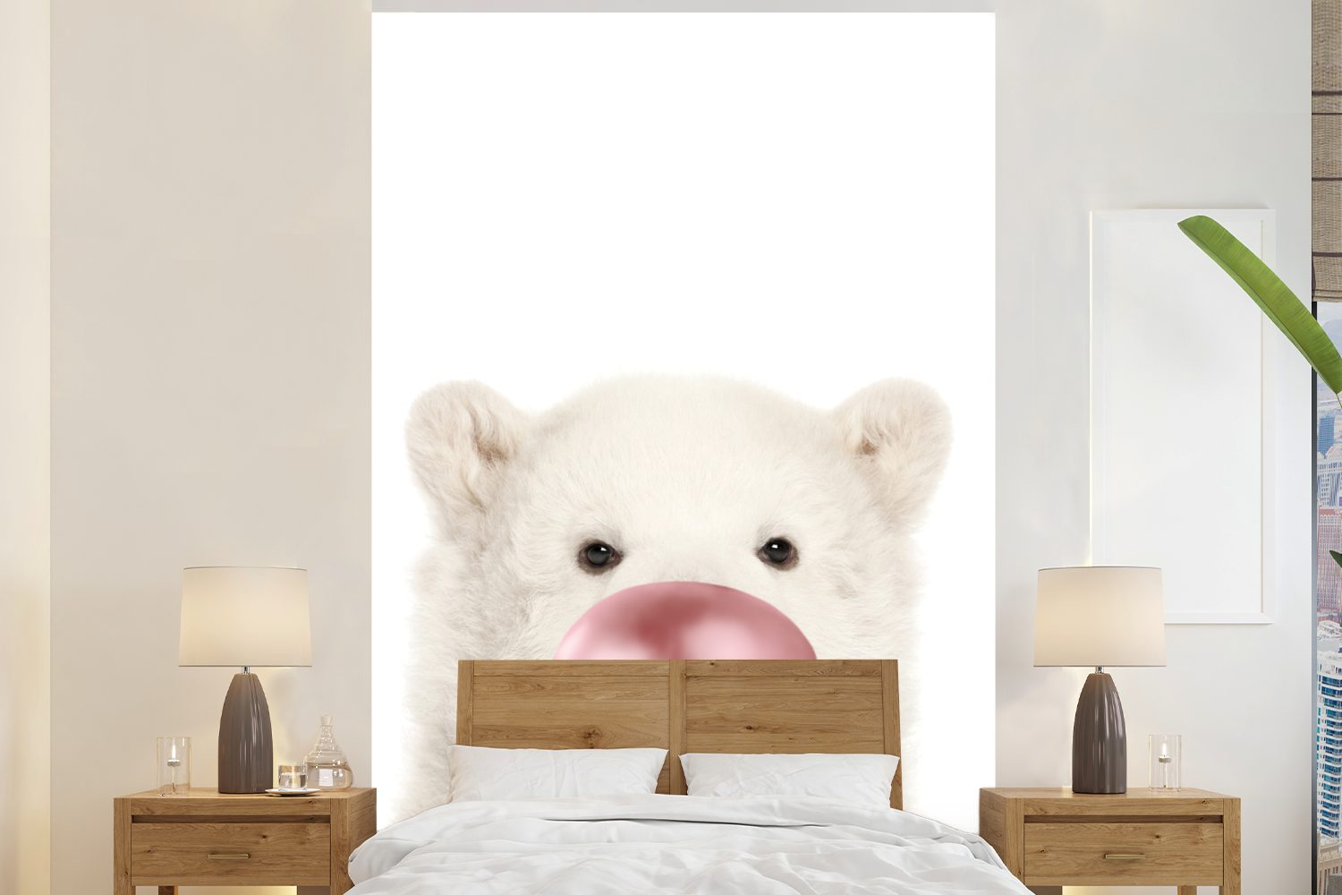 MuchoWow Fototapete Eisbärenbaby - Tiere - Kaugummi Bubble Blow - Für Kinder - Mädchen -, Matt, bedruckt, (3 St), Montagefertig Vinyl Tapete für Wohnzimmer, Wandtapete