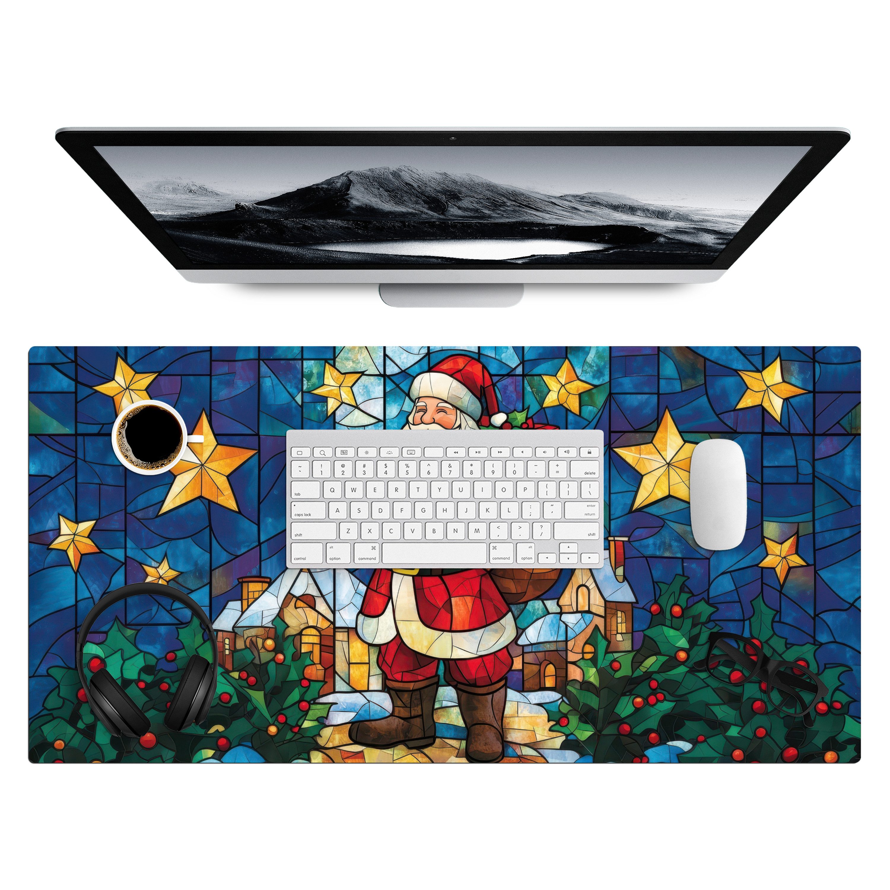 MuchoWow Gaming Mauspad Weihnachtsmann - Glas - Farbenfroh (1-St), Gaming Mauspad XXL, Schreibtischunterlage, Desk Mat Groß, 80x40 cm