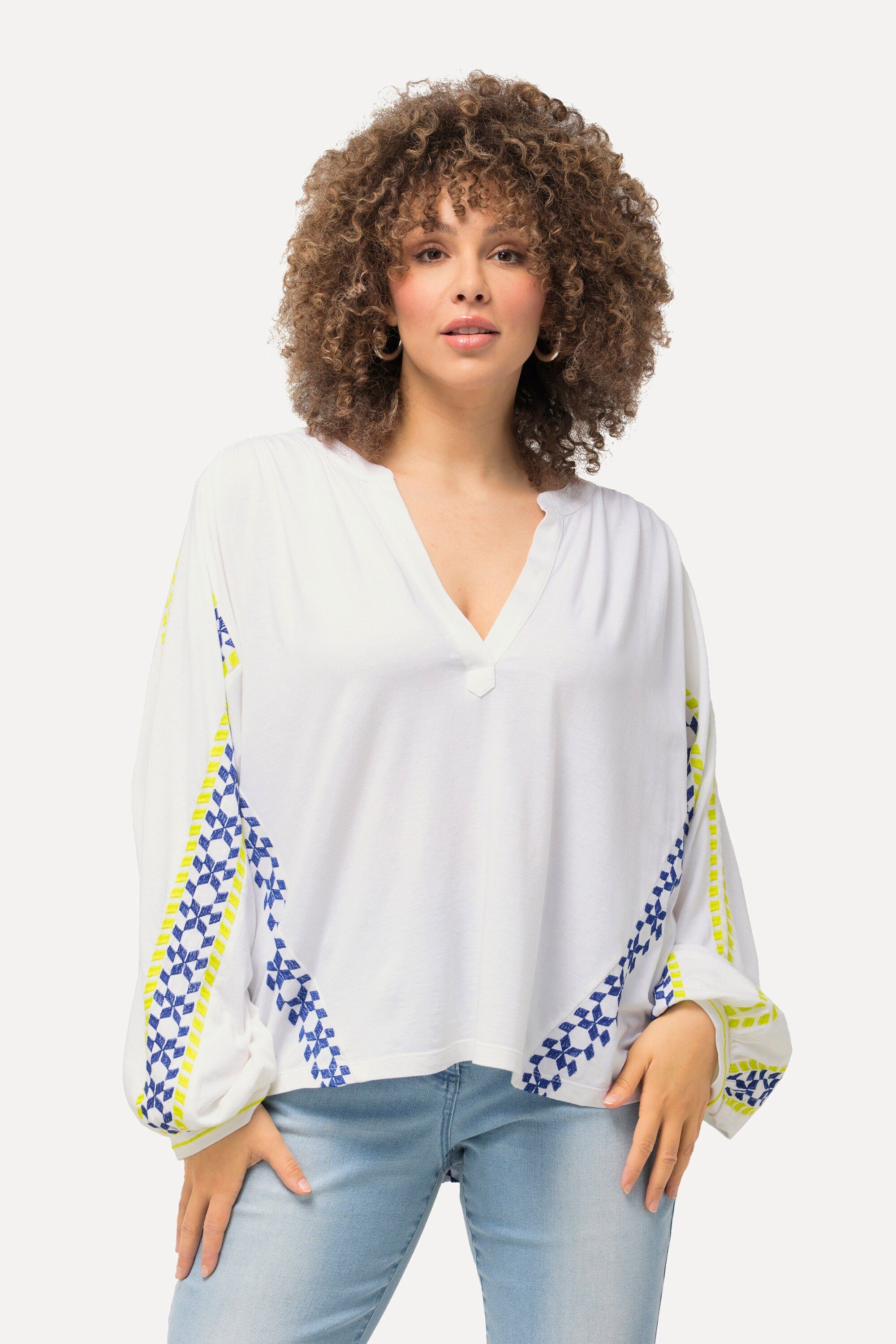 Ulla Popken Satinbluse Bluse Leinenmix Oversized Tunika-Ausschnitt