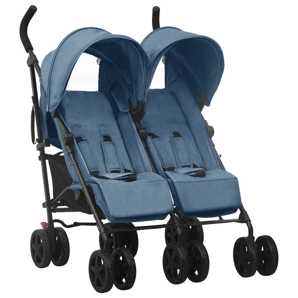 vidaXL Zwillingsbuggy aus Stahl, Leinenstoff in Marineblau
