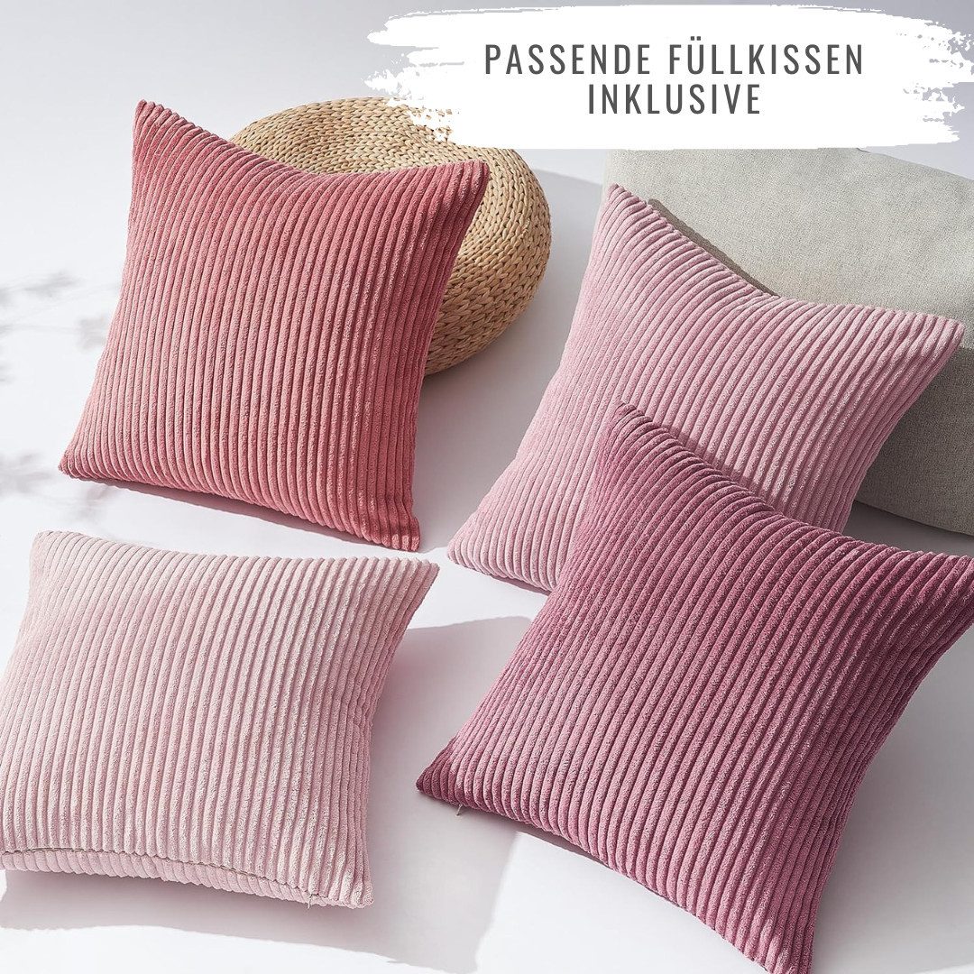 Interior by Hakito Dekokissen 4er Set Kissenbezüge inklusive Füllkissen Set Mary Kordsamt weich, Kissenhülle mit Füllung