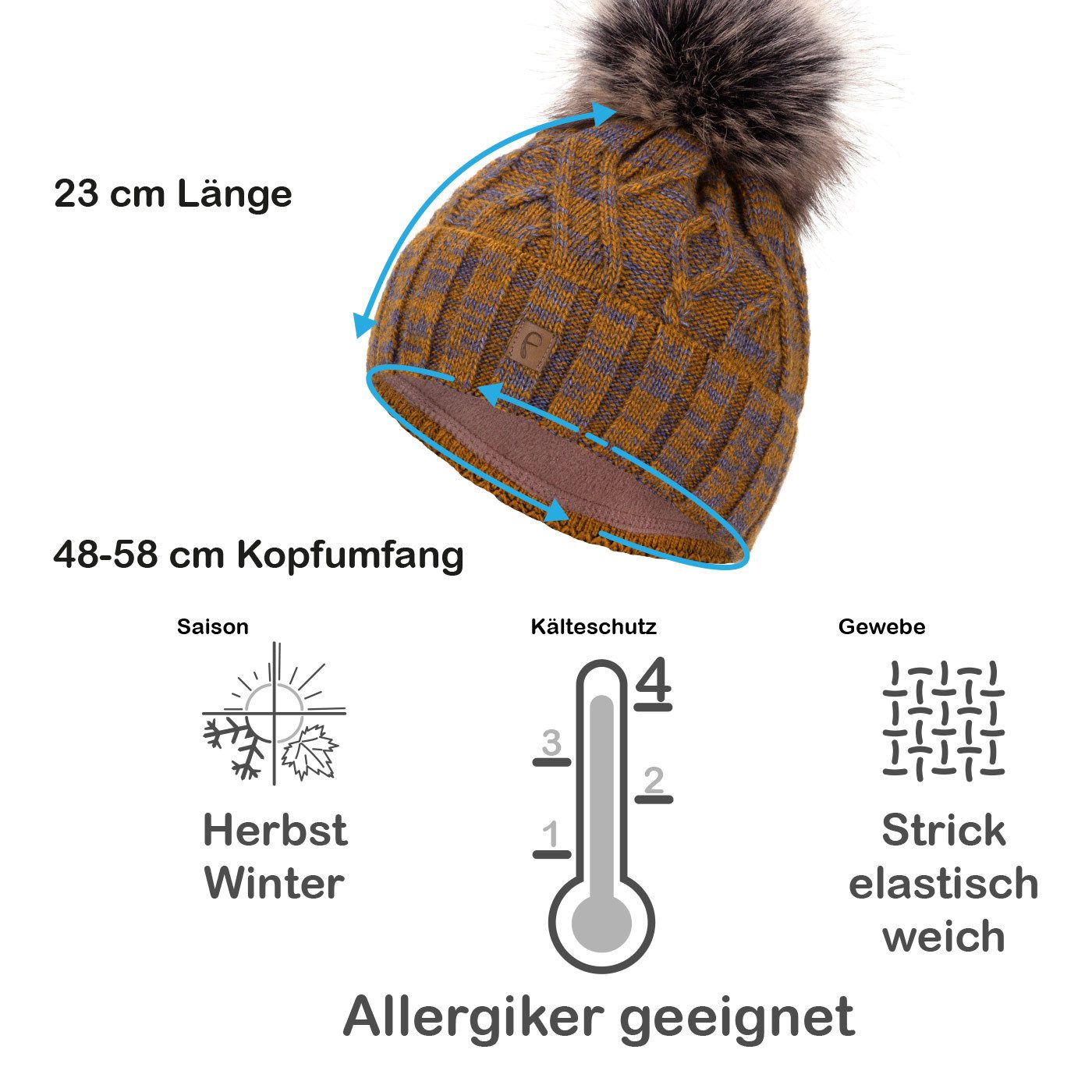 Faera Bommelmütze Wintermütze Damen Herren Mütze Beanie Haube gefüttert Bommelmütze