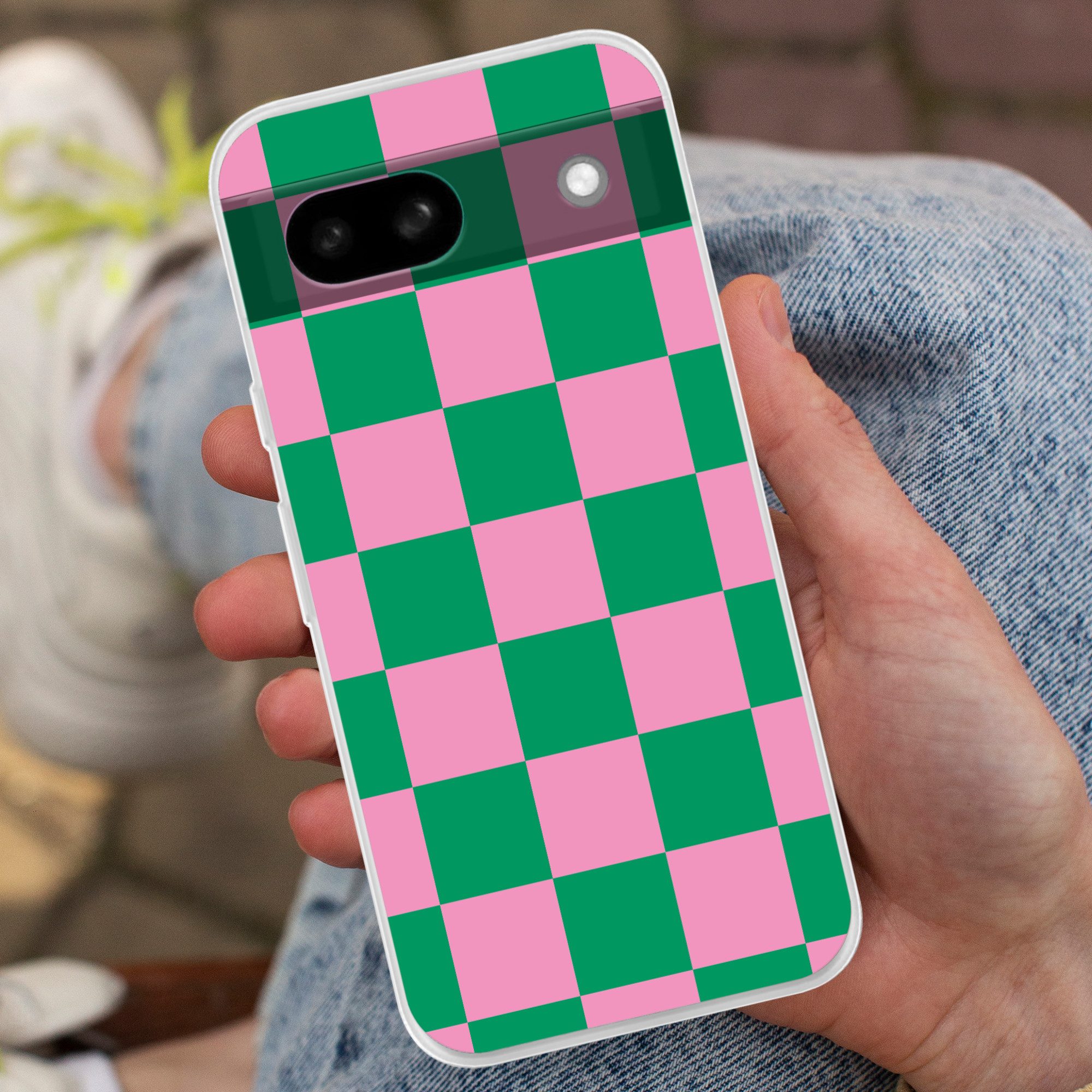 MuchoWow Handyhülle für Google Pixel 8a Schachbrettmuster - Grün - Rosa - Würfel, Phone Case, Silikon, Schutzhülle Dünn