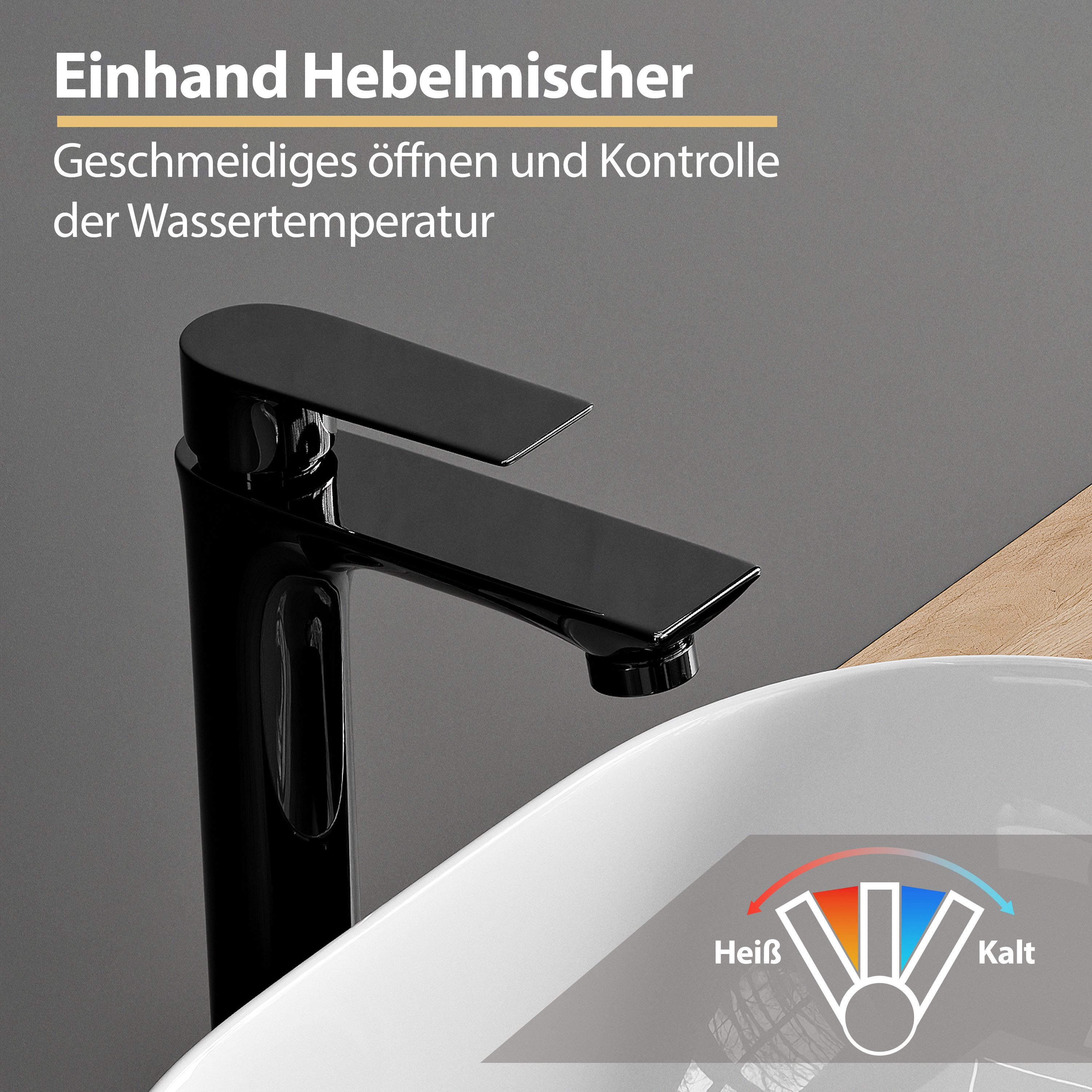 Planetmöbel Badarmatur Einhebelmischer Armatur für Waschbecken Waschtisch – 17 cm Höhe (Einhebelmischer für Warm- und Kalt, Bad-Mischbatterie mit Keramik-Kartusche) 17 cm hoch