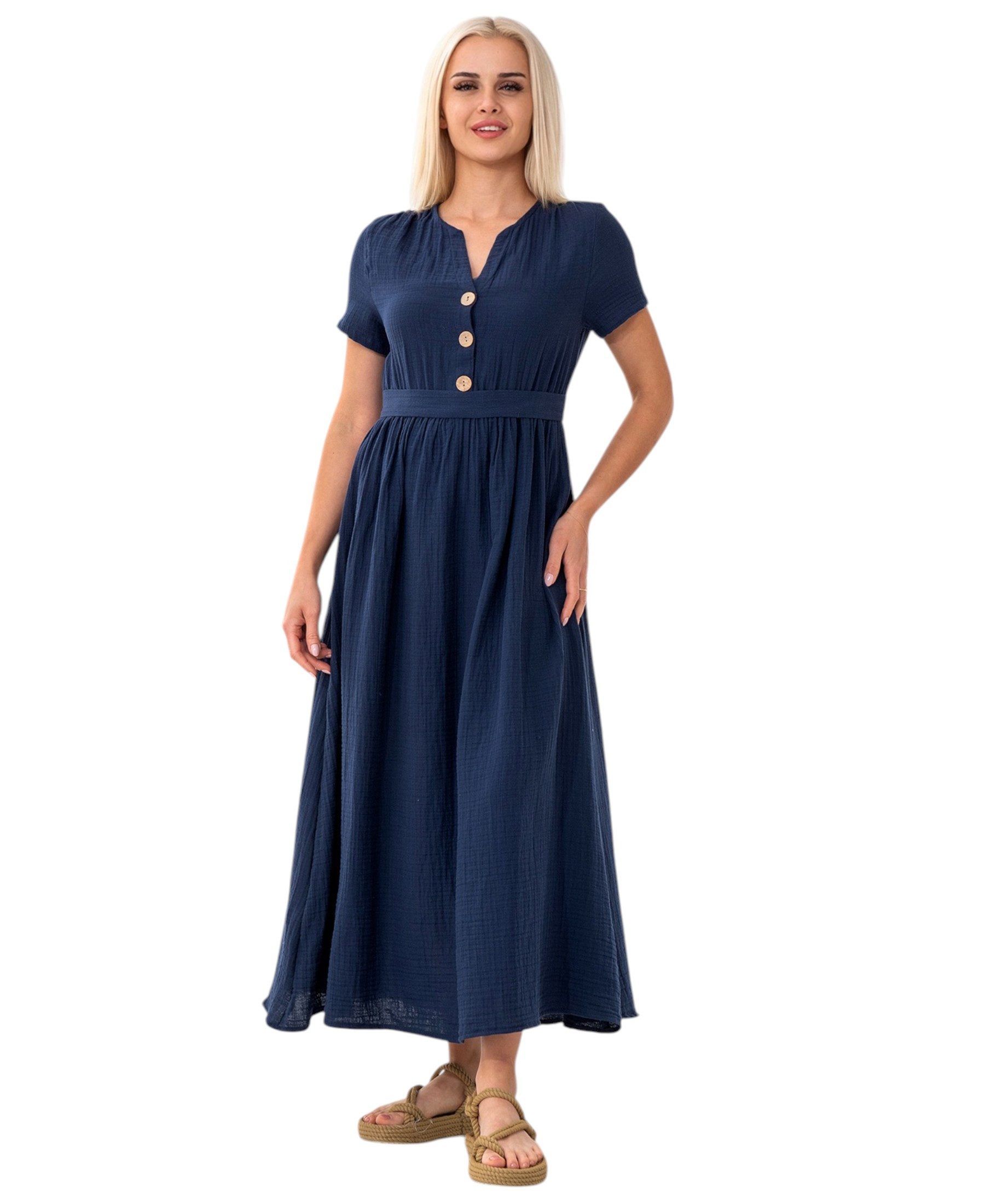 WENOR Sommerkleid Musselin Boho Kleid mit Knopfleiste & Taillenband, Freizeitkleid (1-tlg) Vorn mit Holzknöpfen, Bindegürtel an der Taille
