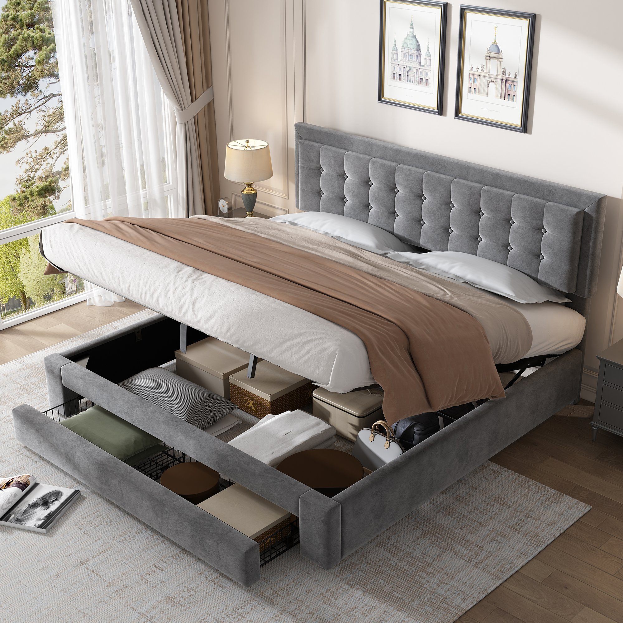 SOFTWEARY Polsterbett Doppelbett mit Lattenrost, Bettkasten und Schubladen (180x200 cm), Kopfteil höhenverstellbar, Samt grau
