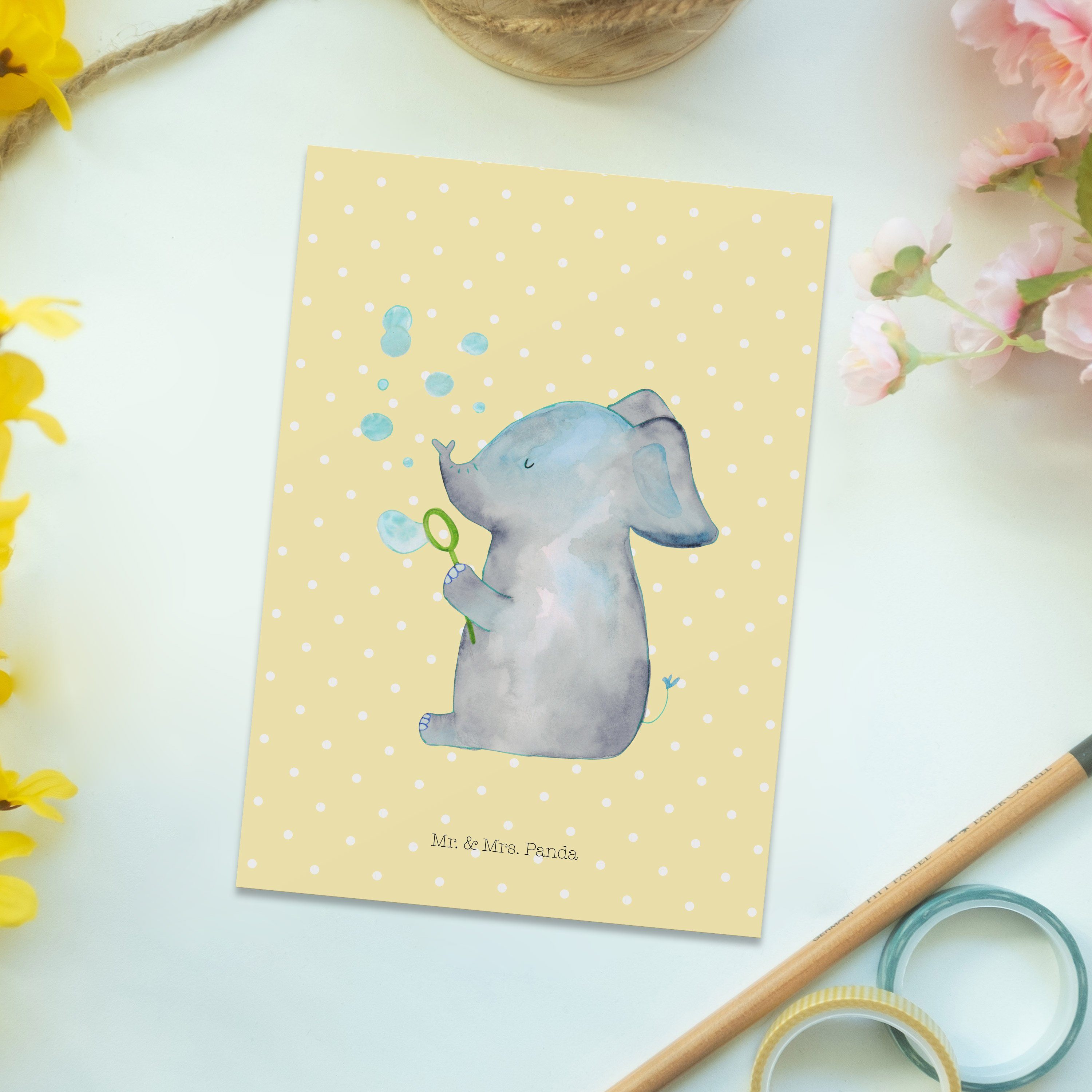 Mr. & Mrs. Panda Gelb Geschenk, Pastell Elefant Seifenblasen Gute Grußkarte - - Postkarte Laune