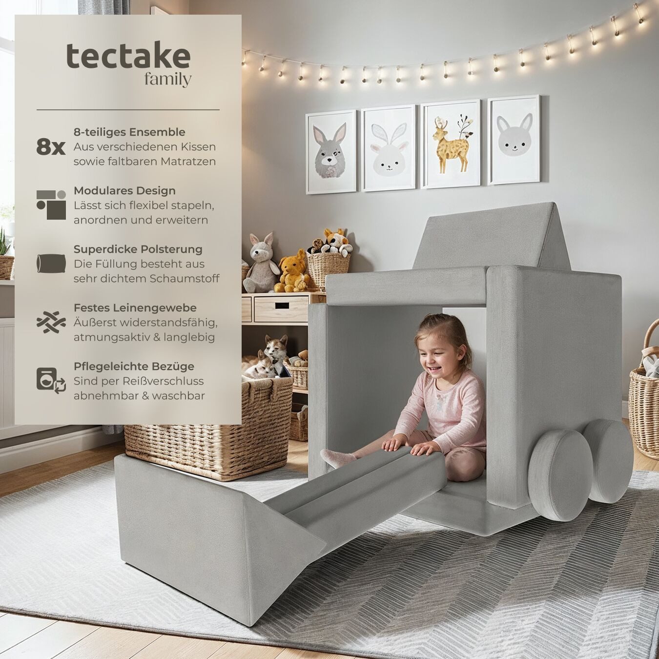 tectake Kindersofa Spielsofa Lilly, 8-teilig, mit Schlaffunktion, Leinenbezüge, abnehmbar und waschbar