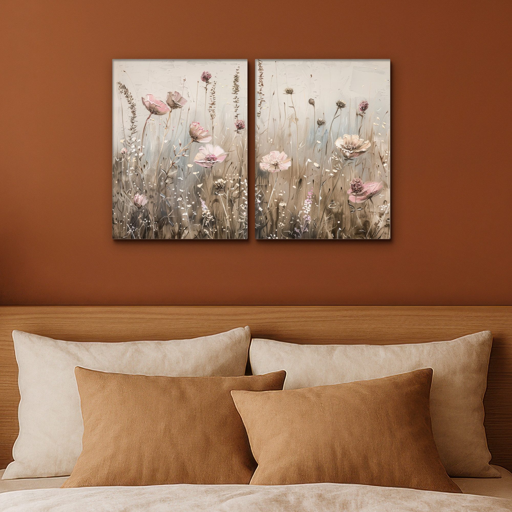 MuchoWow Leinwandbild Blumen - Beige - Modern - Rosa, Fotodruck (2 St), Wand Bilder 2 Set, Deko Schlafzimmer Wohnzimmer Flur 60x40 cm – Bild 4 von 5